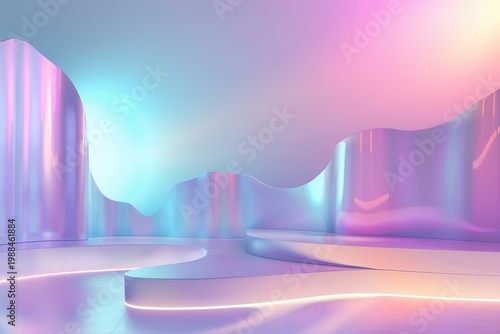 Abstract 3d scene with pastel pink and blue hues, glowing neon lights, futuristic architecture, modern digital art, contemporary design background