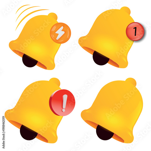 3D yellow notification bell icons set with alert symbols, social media reminder with lightning, exclamation mark and number one, isolated notification signals