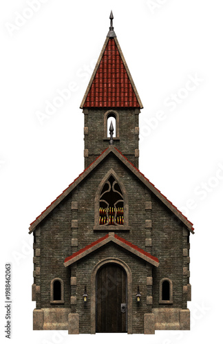 3d render medieval stone church red roof isolated