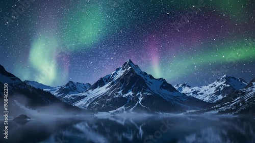 Aurora borealis over snow-capped mountains.