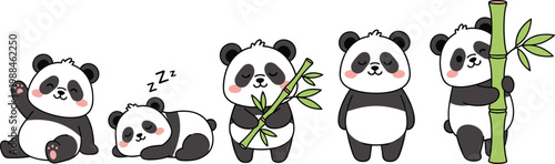 Cute cartoon panda vector illustration featuring playful poses, bamboo elements, sleeping character, waving gesture, and friendly expressions