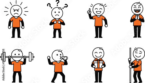 Cartoon stick figure vector illustration showing emotions and activities including fitness, celebration, relaxation, and expressive character actions