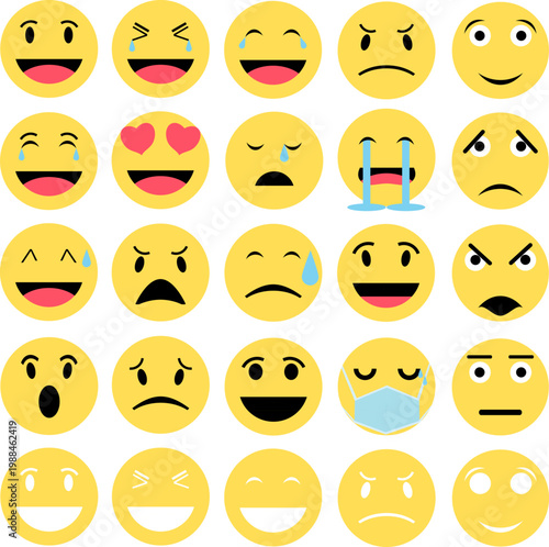 Large vector set of yellow emoji icons with various facial expressions for social media design
