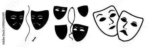 Theater masks set with solid black icon and white background featuring theatrical, performance, drama with illustration and vector