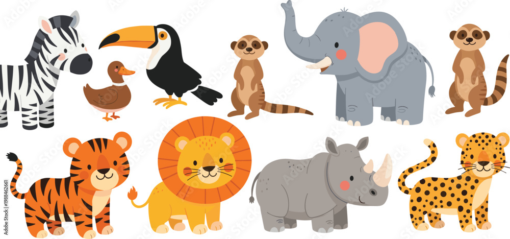 Fototapeta premium Cute jungle safari animals vector set including lion tiger elephant zebra rhino monkey toucan duck leopard cartoon collection