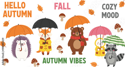 Cute autumn animals vector set with umbrellas fall season characters hedgehog fox bear raccoon cozy cartoon collection