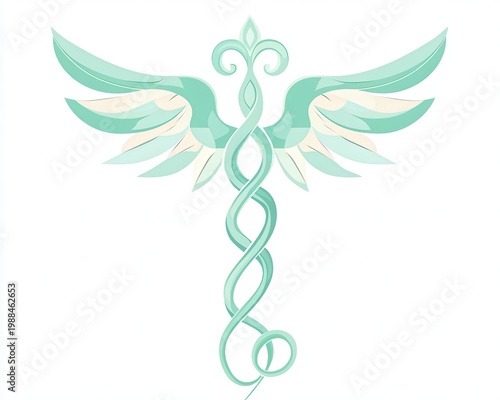Medieval Caduceus Symbol with Teal and Mint Green Leaves and Scroll Artistic Digital Illustrations Medical Health Care Theme