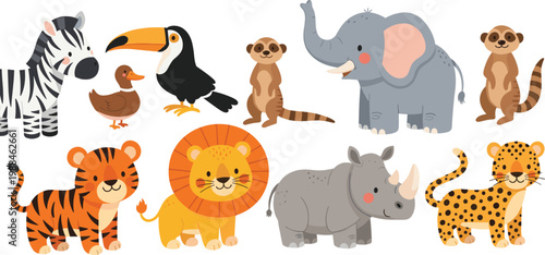 Cute jungle safari animals vector set including lion tiger elephant zebra rhino monkey toucan duck leopard cartoon collection