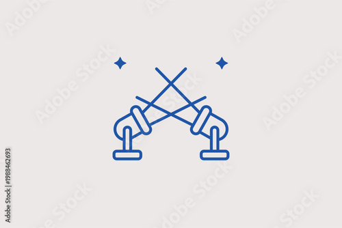 Crossed searchlights line icon for grand movie premieres and major city events. Iconic Vector Illustration for hollywood style party themes and gala announcements.