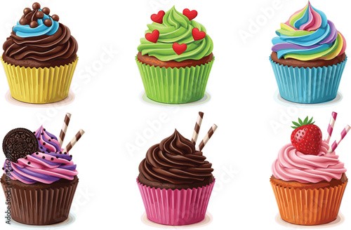 Realistic Colorful Delicious Cupcakes Collection with Cream Frosting Chocolate Strawberry and Rainbow Toppings Vector