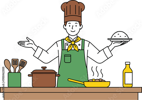 Flat Line Art Male Chef Cooking in Kitchen with Apron Hat and Serving Dish Restaurant Concept Vector