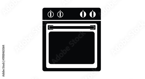 A minimalist black and white illustration depicts a modern electric oven with control knobs high quality
