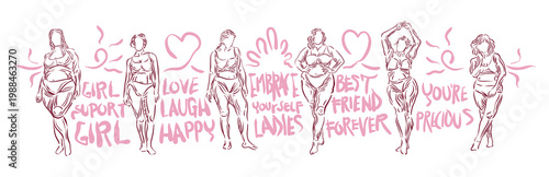 A set of contemporary abstract poster with overweight girls and positive quotes around. The concept of body positivity, female beauty, love for your body. 