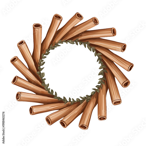 Wreath of cinnamon sticks and green leaves on transparent background arranged in circle frame. transparent png background