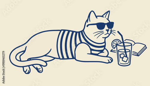 Cat wearing sunglasses and striped shirt lying relaxed with drink and book in playful summer illustration