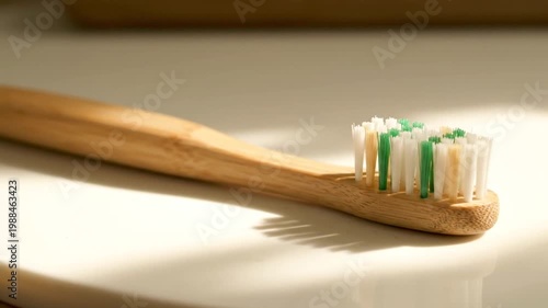 Bamboo toothbrush on white surface.