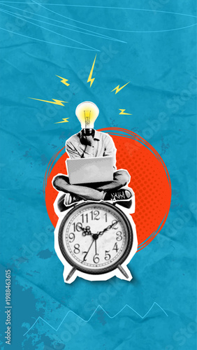 Vertical orientation. A halftone pop art collage depicting a man with a lightbulb head, sitting on an antique clock and working on a laptop. Conceptually, this is a work under time constraints.
