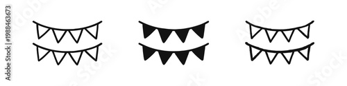 Party Bunting Flags Icon Set, Celebration Garlands, Outline, Solid and Doodle Style Vector Icons
