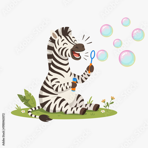 Vector illustration of a funny zebra with bubbles. Flat design animal character for kids, isolated on white background. Playful wild safari animal mascot for education and fun.