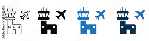 Airport control tower and airplane icon set, aviation symbols, airport infrastructure icons, flight control and air traffic concept, isolated on white background, modern flat vector design for apps, m