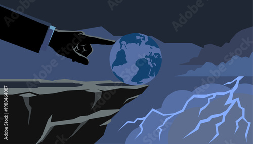 Geopolitical conflict pushing the world to the brink of disaster, human hand forcing Earth toward cliff edge, vector illustration. 