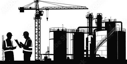 Black silhouette of industrial factory plant featuring storage tanks tower crane and engineers holding blueprints for construction site development and heavy engineering energy production concepts
