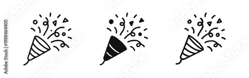 Party Popper Icon Set, Birthday Celebration with Confetti, Outline, Solid and Hand-Drawn Icons