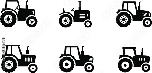 Black tractor silhouette icons collection featuring six unique designs with varied cabins, wheels, and exhaust pipes for agriculture, farming, and equipment graphic projects