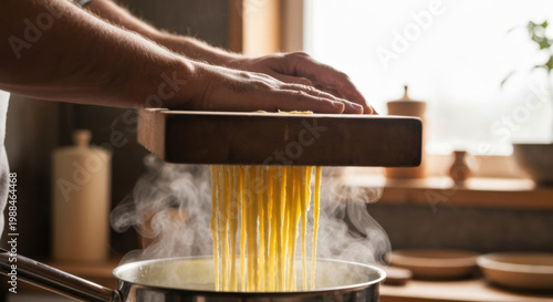 Skilled hands preparing authentic Swabian Spätzle in rustic kitchen, extreme close-up with steaming water, evoking authentic German culture.
