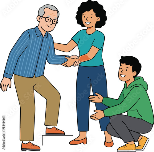 Vector illustration of a family helping an elderly man step forward, symbolizing care, support, and togetherness.
