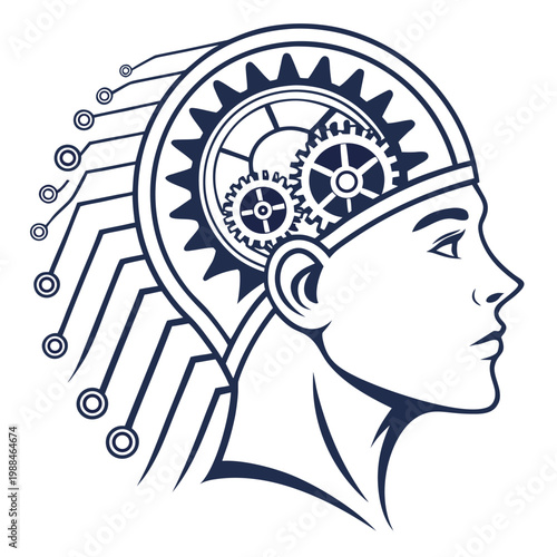 Futuristic human head with gears and circuitry technology integration thinking