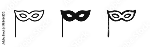 Masquerade Mask Icon Set, Carnival and Party Disguise on Stick, Outline, Solid and Sketch Styles