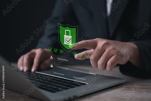 User authentication interface with secure login system on laptop, featuring password protection and access control, representing cybersecurity, data privacy, and digital identity protection