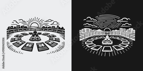Isometric Office Floor Plan Woodcut Design
