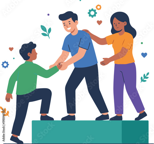 Vector illustration of people helping each other climb a step, symbolizing teamwork, encouragement, and mutual support.