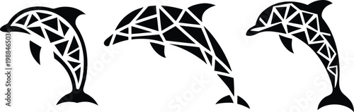 Set of Three Minimalist Dolphin Icons in Linear Origami and Polygonal Style, Modern Jumping Dolphin Illustrations Featuring Clean Black Line Art Vector Designs