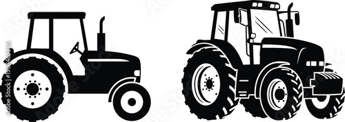 Set of Agricultural Tractor Silhouettes and Vector Icons for Farm Machinery Equipment Branding Organic Agriculture Industry Rural Landscape Design and Modern Heavy Vehicle Illustrations
