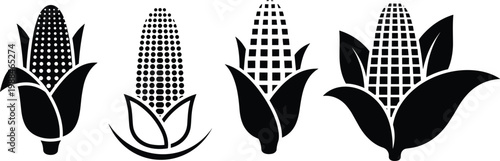 Set of black and white corn on the cob icons featuring various husk styles and kernel patterns for organic farming agriculture harvest festival and healthy food concepts
