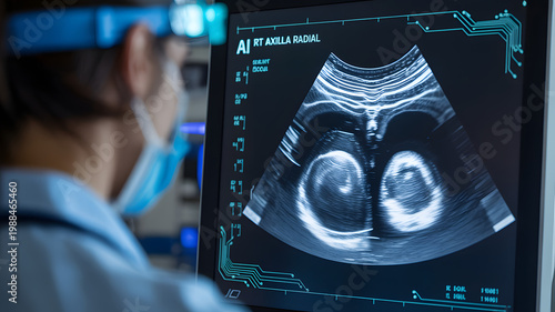Medical professional analyzing fetal ultrasound scan on computer screen