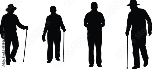 Set of Elderly People Silhouettes Featuring Seniors Walking with Canes for Retirement Lifestyle Concept Aging Community Support Geriatric Healthcare Illustration and Mature Individual Representation