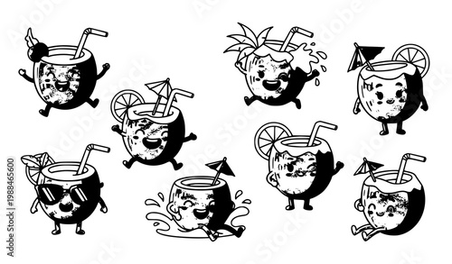 Cute cartoon coconut drink characters with straw and beach vibes tropical summer beverage vector illustration