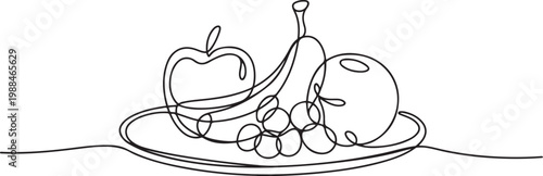 A minimalist line drawing of assorted fruits arranged on a plate. one line Icon drawing
