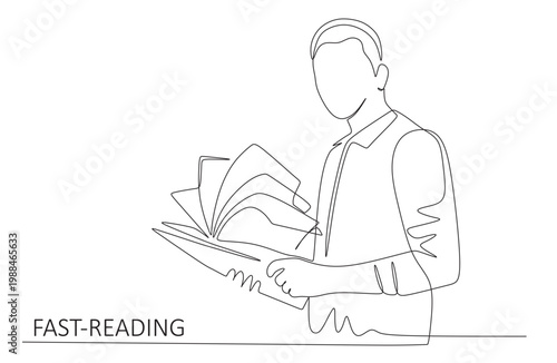 A continuous line drawing showing a man reading an open book or document. This vector image is created using a single, flowing, black line on a white background.