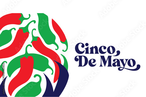 Red and green chili pepper pattern with cinco de mayo text on white background