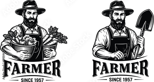 Vintage Farmer Logo Set Featuring Bearded Man With Harvest Basket And Shovel For Organic Agriculture Local Market Branding And Traditional Farm Product Identity LabelsVintage Farmer Logo Set 