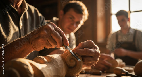 Elderly Bavarian Woodcarver's Hands Shaping Traditional Sculpture in Sunlit Workshop with Young Apprentice
