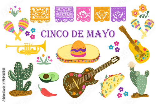 Colorful illustration celebrating Cinco de Mayo with traditional elements like sombrero, guitar, maracas, cacti, and festive decorations on a white background