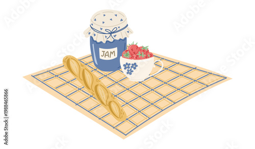 Illustration of a blue jam jar with a lid, a cup of strawberries, and a loaf of bread on a checkered tablecloth in a bright, colorful setting