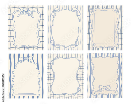 Set of six decorative frames with blue outlines and bows on a light background, featuring various shapes and patterns suitable for invitations or announcements