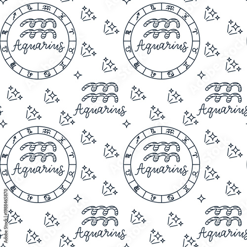 Repeating pattern of the Aquarius zodiac sign with astrological symbols and stars, featuring the word Aquarius on a clean white background
